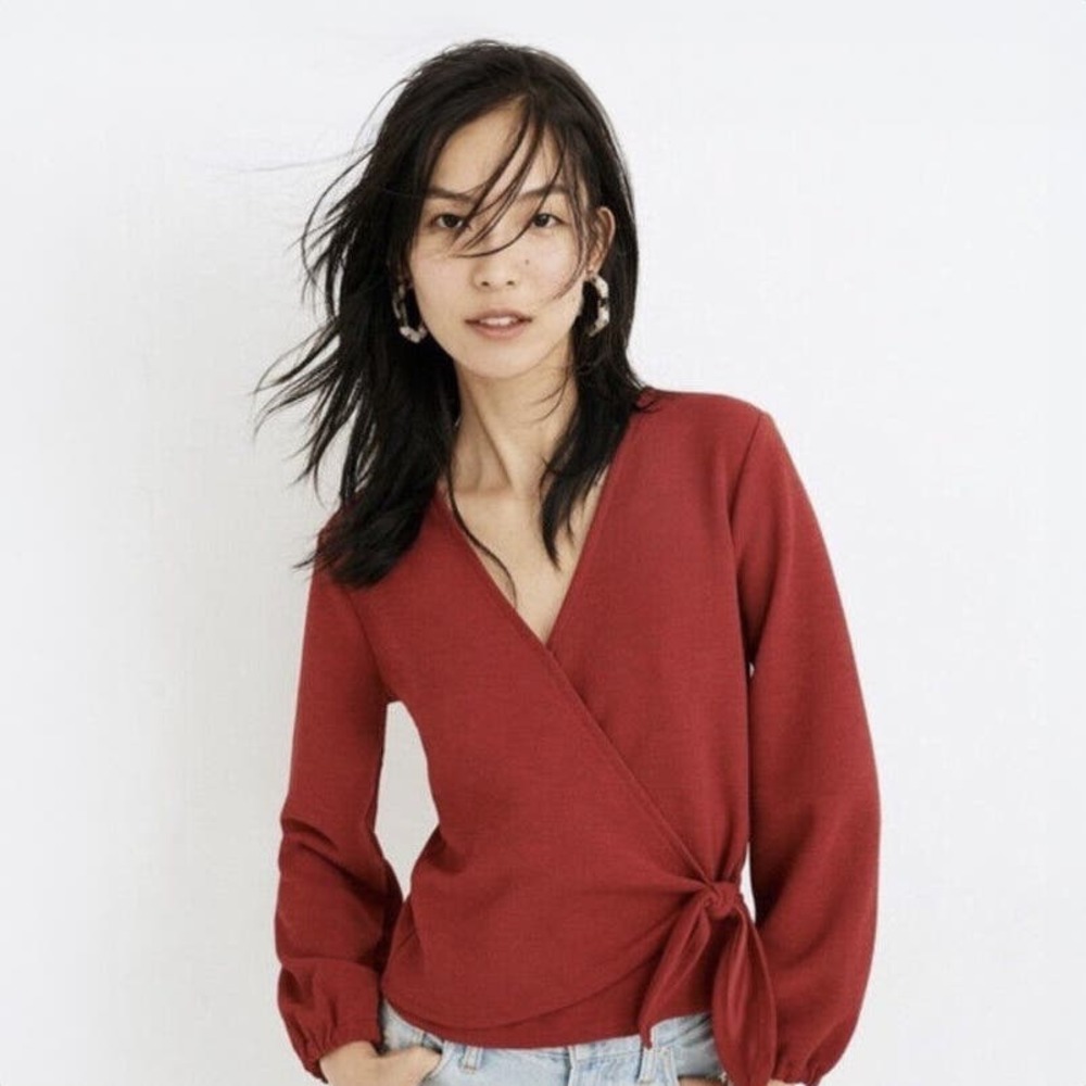 Madewell Texture & Thread Red Crepe Wrap Blouse Side Tie Long Sleeve